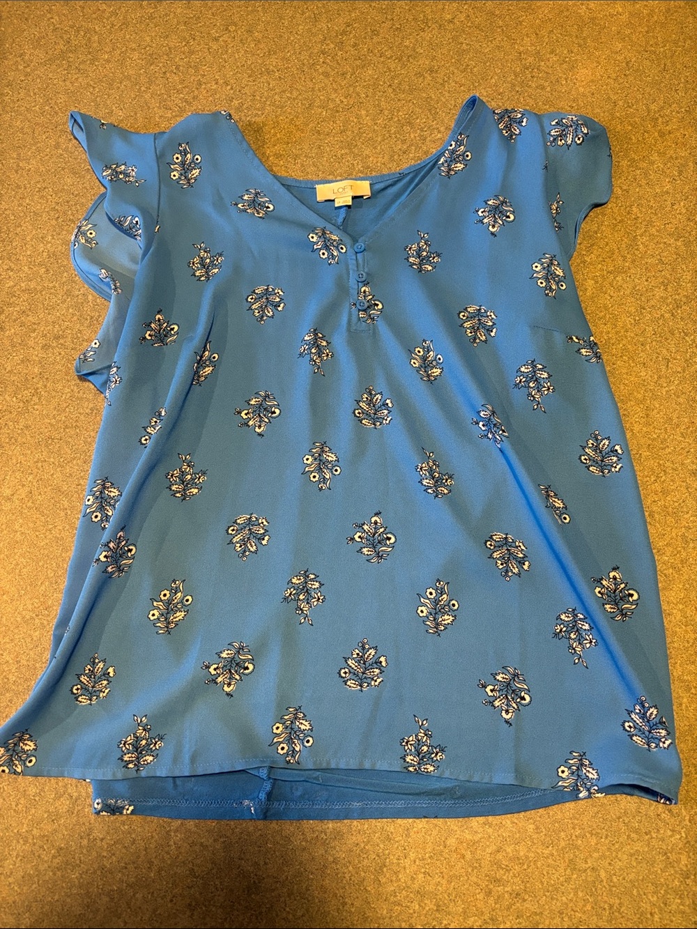 LOFT Blue Floral Flutter-Sleeve Blouse